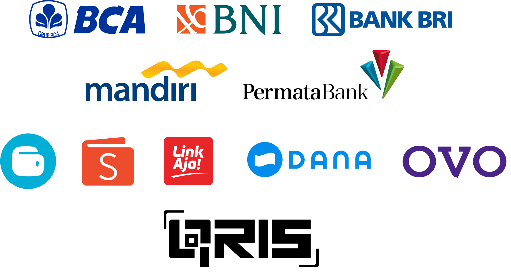 Metode pembayaran: BCA, BNI, BRI, Mandiri, Permata, GoPay, ShopeePay, LinkAja, DANA, OVO
