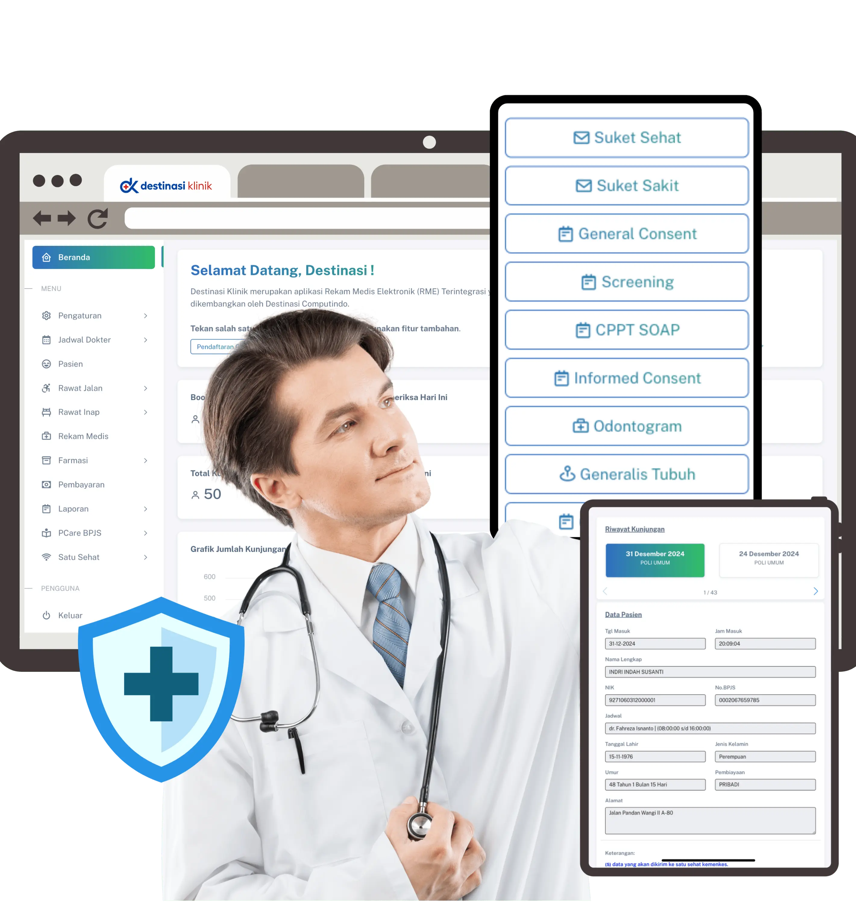 Tampilan aplikasi Destinasi Klinik di desktop, tablet, dan ponsel